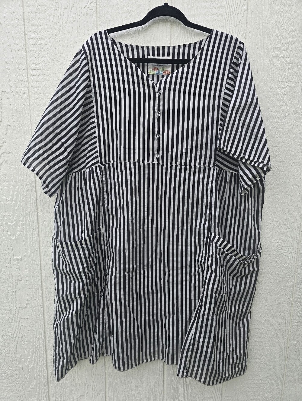 Gudrun Sjoden Woven Cotton Dress L Organic Cotton Black White Striped Pockets
